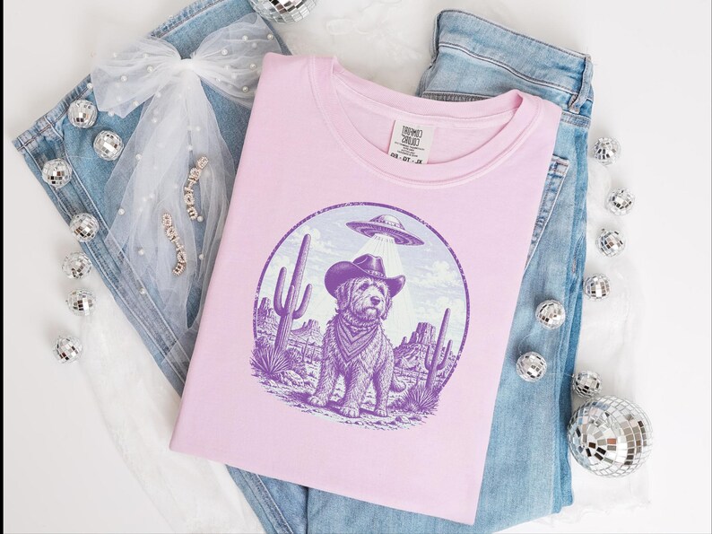 Comfort Colors Cowboy Retro Labradoodle Sweatshirt | Vintage Goldendoodle UFO Crewneck | Southwestern Extraterrestrial Abduction Space image 10