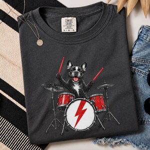 French Bulldog Shirt, Drummer Gift Idea, Rock Dog Shirt, Frenchie Graphic Tee, Percussionist Gift, Music Lover Shirt, Band Merch Tee image 2