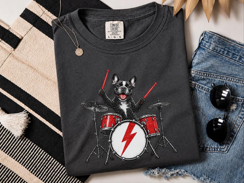 French Bulldog Shirt, Drummer Gift Idea, Rock Dog Shirt, Frenchie Graphic Tee, Percussionist Gift, Music Lover Shirt, Band Merch Tee image 2