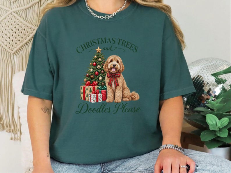 Cockapoo kerstshirt, kerstshirt voor huisdieren, cadeau voor cockapoo-liefhebbers, kerstbomen en doodles graag afbeelding 9