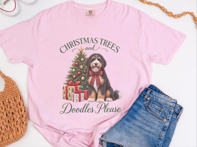 Bernedoodle Christmas Shirt, Christmas Trees And Doodles Please, Bernedoodle Mom Gift, Holiday Dog Lover Tee, Dog Owner Present image 8