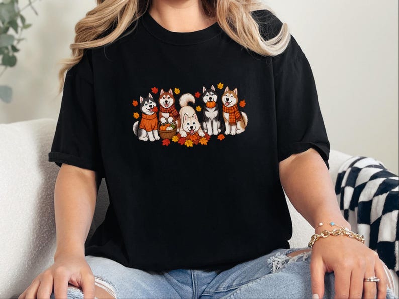 Autumn Dog Shirt, Husky Lover Gift, Fall Huskies Gathering Sweatshirt, Siberian Husky Dad Tee, Cute Puppy Pumpkin Fall Apparel afbeelding 3