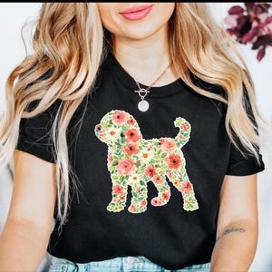 Doodle Dog Gift, Golden Doodle Floral Silhouette Shirt, Modern Pet Portrait Cottagecore Art, Wildflower Dog Mom., Goldendoodle Dog image 4