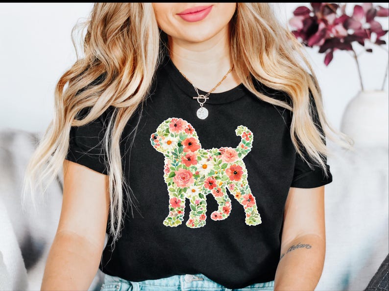 Doodle Dog Gift, Golden Doodle Floral Silhouette Shirt, Modern Pet Portrait Cottagecore Art, Wildflower Dog Mom., Goldendoodle Dog image 4
