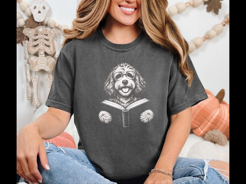 Bookish Dog Tee, Cavapoo Mom Gift, Reading Animal Art, Cavapoo Shirt, Dog Lover Book Tee image 4