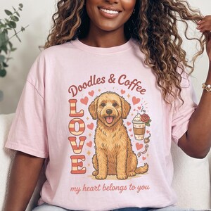 Comfort Colors Goldendoodle Mom T-Shirt, Doodles and Coffee My Heart Belongs To You Tee, Retro Labradoodle Dog Owner Shirt, Doodle Dog Gift image 3