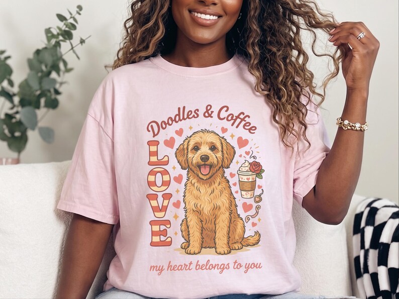 Comfort Colors Goldendoodle Mom T-Shirt, Doodles and Coffee My Heart Belongs To You Tee, Retro Labradoodle Dog Owner Shirt, Doodle Dog Gift image 3