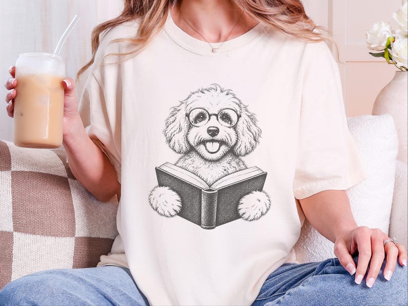 T-shirt met Maltipoo-hond, cadeau voor Maltipoo-moeder, T-shirt voor boekenwurm, T-shirt voor lezende hond, cadeau voor bibliothecaris, T-shirt voor hondenliefhebber met boeken, T-shirt voor boekenwurm afbeelding 10
