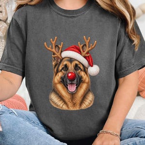 German Shepherd Christmas Sweatshirt, Holiday Dog Lover Gift, Rudolph Santa Hat Tee, German Shepherd Mom Shirt image 3