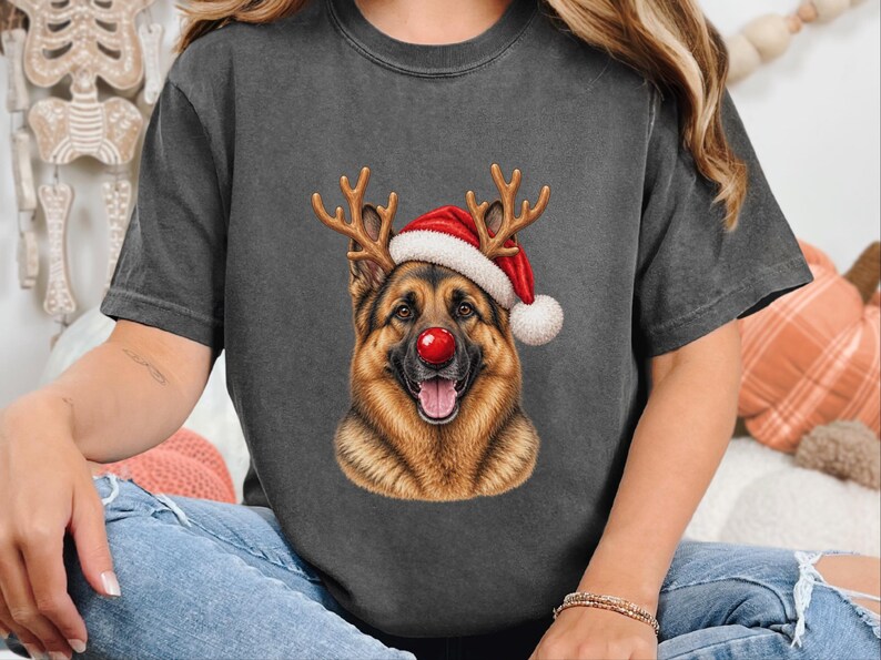 German Shepherd Christmas Sweatshirt, Holiday Dog Lover Gift, Rudolph Santa Hat Tee, German Shepherd Mom Shirt image 3