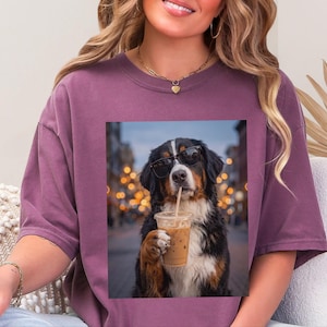 Comfort Colors Bernese Mountain Dog Iced Coffee Shirt, Cool Dog Drinking Coffee Tee, Berner Mom Dad Gifts, Summer Vacation Dog Lover Graphic image 7