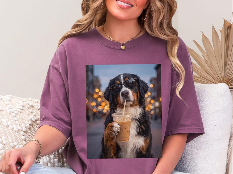 Comfort Colors Bernese Mountain Dog Iced Coffee Shirt, Cool Dog Drinking Coffee Tee, Berner Mom Dad Gifts, Summer Vacation Dog Lover Graphic image 7