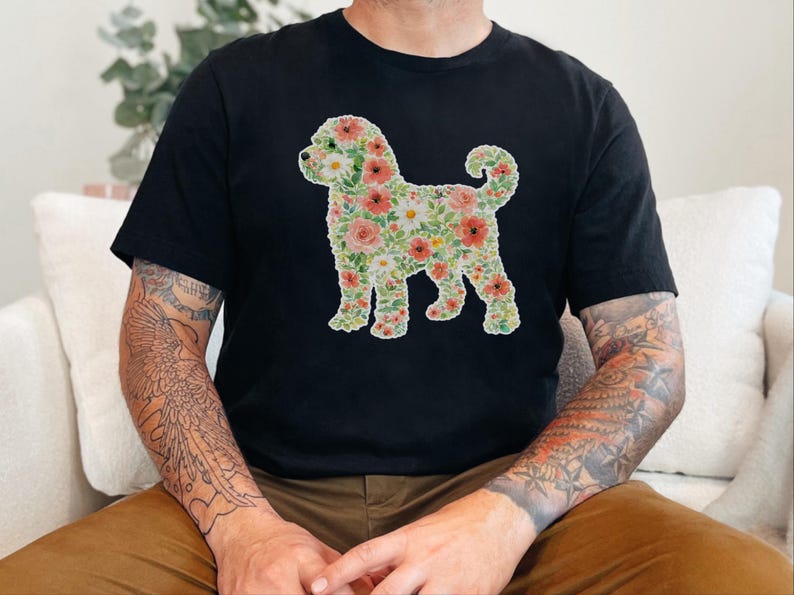 T-Shirt für Schnoodle-Fans, Schnoodle-Blumenmotiv, Boho-Frühlings-Blumen-T-Shirt, Doodle-Hundebesitzer-Shirt, Haustier-Silhouette-Shirt Bild 6