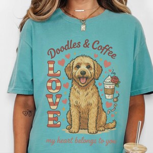 Comfort Colors Goldendoodle Mom T-Shirt, Doodles and Coffee My Heart Belongs To You Tee, Retro Labradoodle Dog Owner Shirt, Doodle Dog Gift image 9