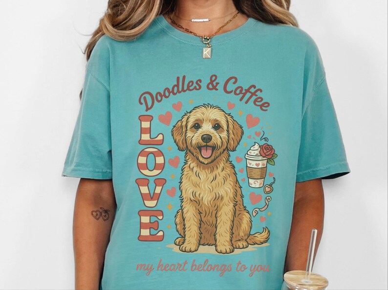 Comfort Colors Goldendoodle Mom T-Shirt, Doodles and Coffee My Heart Belongs To You Tee, Retro Labradoodle Dog Owner Shirt, Doodle Dog Gift image 9