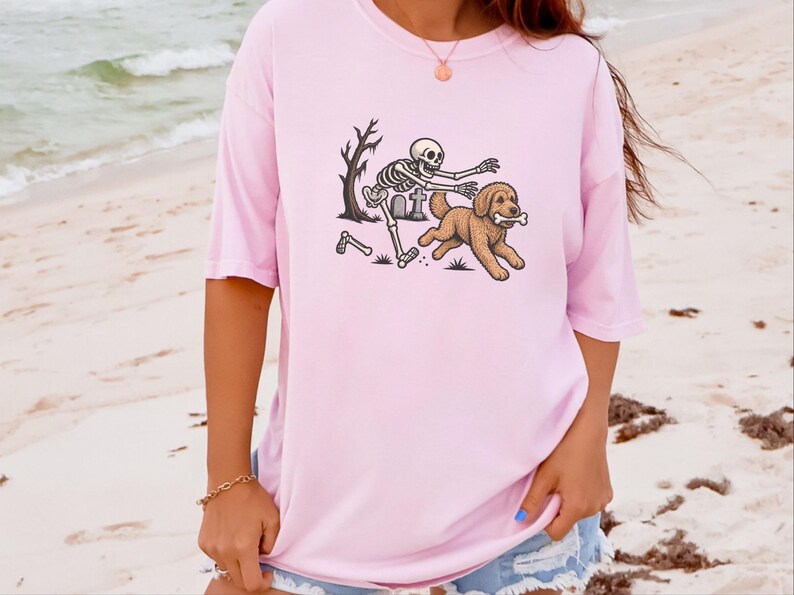 Goldendoodle Dog Shirt, Halloween Goldendoodle Gift, Skeleton Dog Tee, Spooky Dog Lover Shirt, Funny Skeleton Art, Goldendoodle Dad Gift image 2