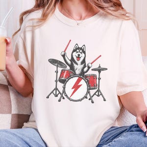 Husky Dog Shirt, Drummer Gift Idea, Rock Dog Shirt, Siberian Husky Gift, Music Lover Tee image 4