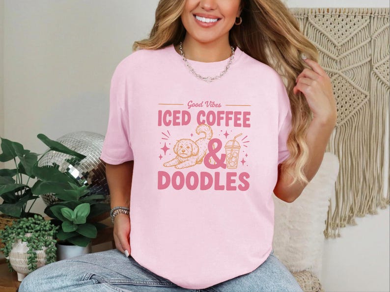 Comfort Colors Dog Coffee Tee, Goldendoodle Labradoodle Mom Iced Coffee Crewneck, Iced Coffee, Doodles and Good Vibes Sweatshirt image 3