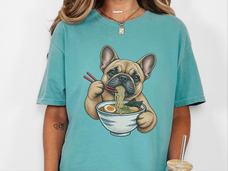 Frenchie Ramen Shirt, Japans Noodle Dog Shirt, Grappig Cadeau voor een Franse Bulldog, Sweatshirt voor Foodieliefhebbers, Top met Ramenkom Grafische Afbeelding afbeelding 8