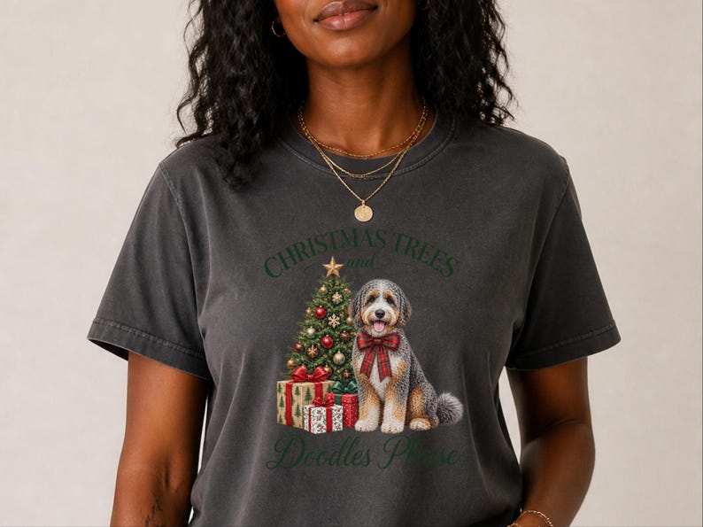 Aussiedoodle jultröja, julklapp för husdjursälskare, julgranar och klotter tack, hundmamma-tröja, festlig valptröja bild 6