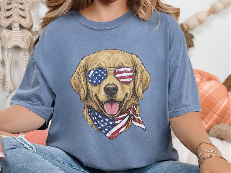 Comfort Colors Patriotic Golden Retriever Shirt, American Flag USA Independence Day Tee, Fourth of July Dog Mom Clothing, Patriotic Dog Gift image 3