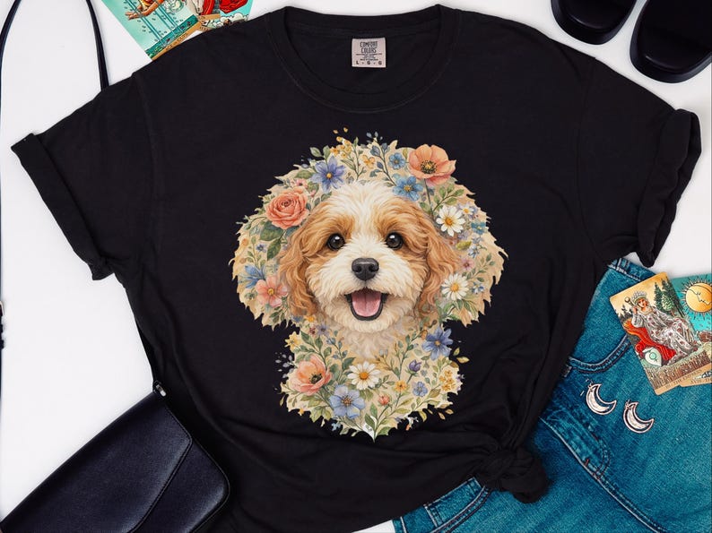 Camiseta Comfort Colors com estampa floral para cachorro, estampa de rosto de Cavapoo | Retrato moderno de pet para mães de cachorro | Arte vintage de animais, presente para donos, camiseta com estampa de rosto de pet imagem 10