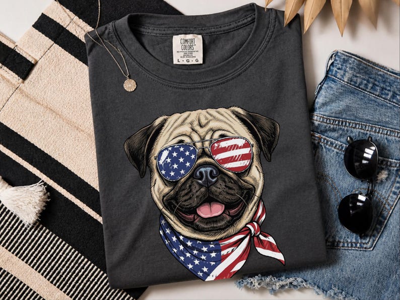 Comfort Colors Patriotisch Hondenshirt, Grappige Mopshond Sweatshirt, Patriotisch T-shirt met Amerikaanse Vlag en Mopshond, Shirt voor de Amerikaanse Onafhankelijkheidsdag (4 juli) afbeelding 7