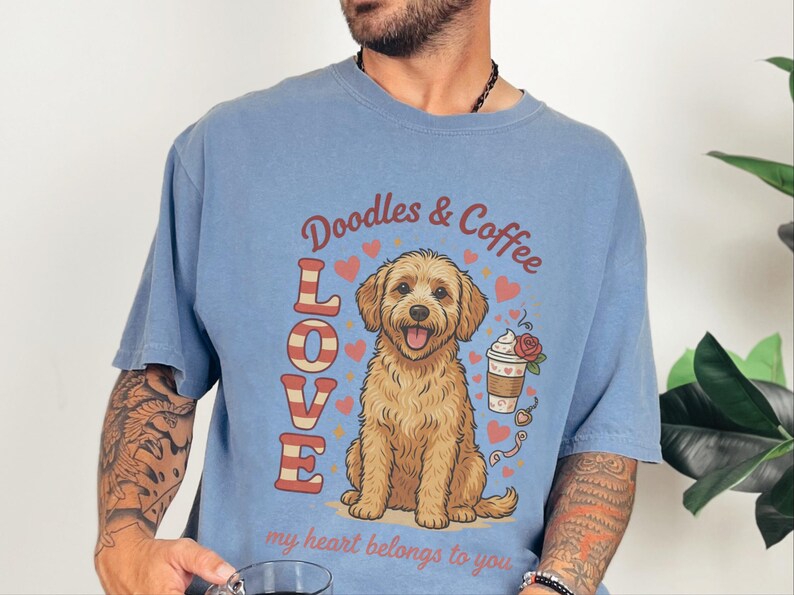 Comfort Colors Goldendoodle Mom T-Shirt, Doodles and Coffee My Heart Belongs To You Tee, Retro Labradoodle Dog Owner Shirt, Doodle Dog Gift image 6