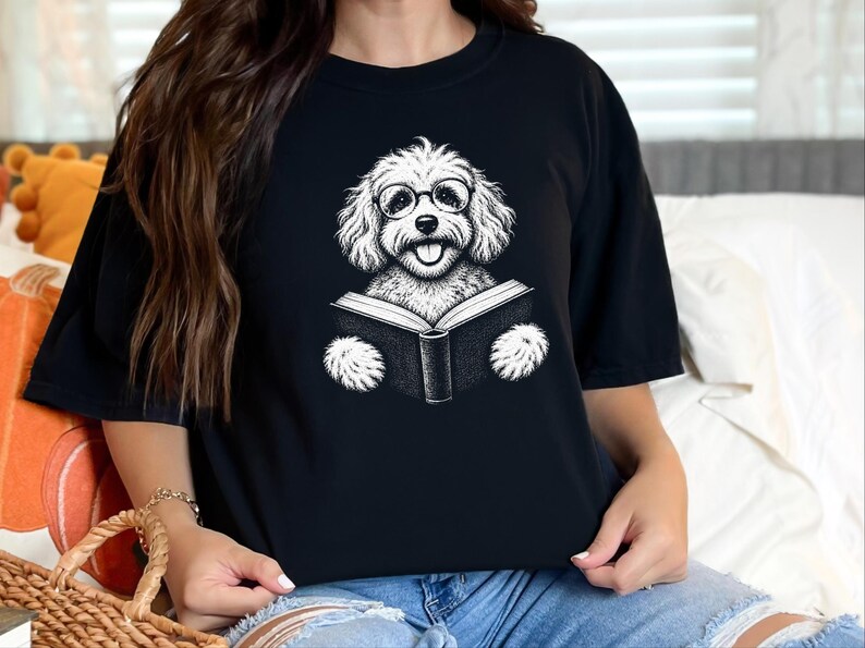 T-shirt met Maltipoo-hond, cadeau voor Maltipoo-moeder, T-shirt voor boekenwurm, T-shirt voor lezende hond, cadeau voor bibliothecaris, T-shirt voor hondenliefhebber met boeken, T-shirt voor boekenwurm afbeelding 4