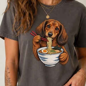 Dachshund Ramen Shirt, Wiener Dog Gift, Long Haired Doxie Tee, Japanese Food Art, Noodle Lover Shirt, Doxie Mom Gift image 5
