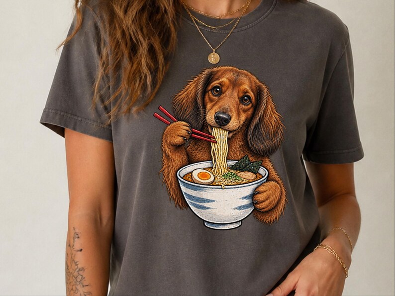 Dachshund Ramen Shirt, Wiener Dog Gift, Long Haired Doxie Tee, Japanese Food Art, Noodle Lover Shirt, Doxie Mom Gift image 5
