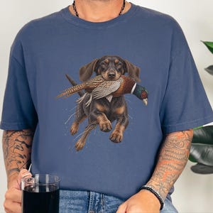 Camiseta de caza de teckel, regalo de caza de faisanes, camiseta de perro salchicha, camiseta de perro de caza de aves, regalo de cazador de tierras altas imagen 6