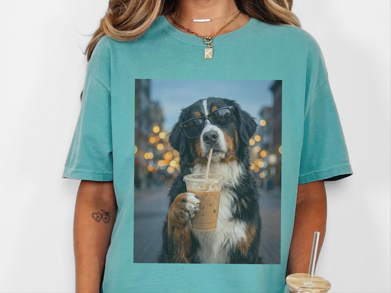 Comfort Colors Bernese Mountain Dog Iced Coffee Shirt, Cool Dog Drinking Coffee Tee, Berner Mom Dad Gifts, Summer Vacation Dog Lover Graphic image 1