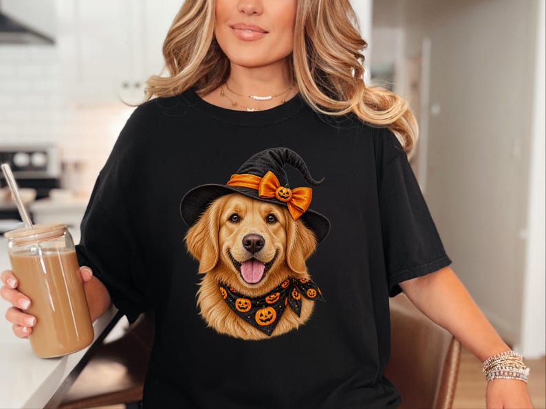 Halloween Dog Shirt, Witch Dog Shirt, Golden Retriever Mom Gift, Fall Dog Lover Tee, Golden Mom Gift image 2