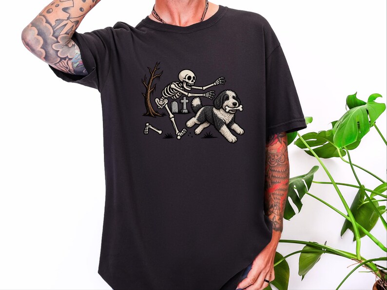 Sheepadoodle Skeleton Shirt, Spooky Dog Gift, Skeleton Dog Tee, Sheepadoodle Halloween Shirt, Funny Skeleton Dog Scene image 8