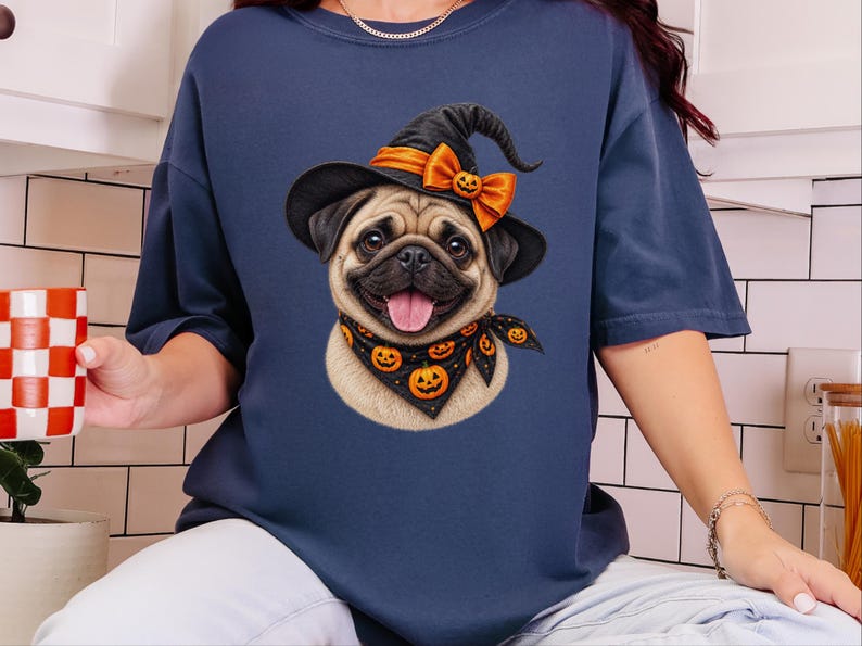 Halloween Pug Shirt, Pug Mom Gift, Witch Dog Tee, Spooky Dog Owner Gift, Dog Lover Halloween Gift image 2