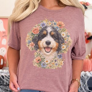 Bernedoodle Tee, Floral Crown Dog Portrait, Custom Pet Art Shirt, Doodle Mama Shirt, Whimsical Animal Print, Pastel Spring Summer Dog Lovers image 3