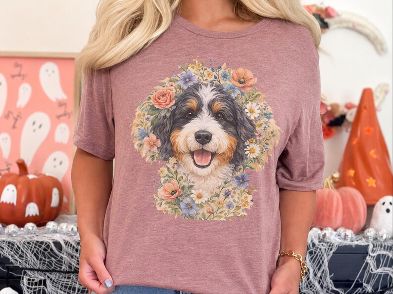 Bernedoodle Tee, Floral Crown Dog Portrait, Custom Pet Art Shirt, Doodle Mama Shirt, Whimsical Animal Print, Pastel Spring Summer Dog Lovers image 3