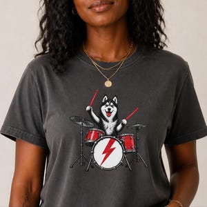 Husky Dog Shirt, Drummer Gift Idea, Rock Dog Shirt, Siberian Husky Gift, Music Lover Tee image 2