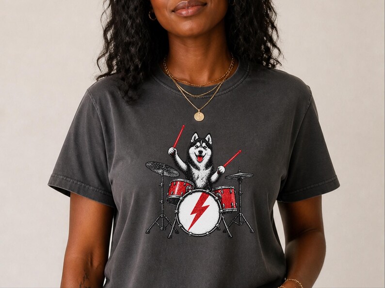 Husky Dog Shirt, Drummer Gift Idea, Rock Dog Shirt, Siberian Husky Gift, Music Lover Tee image 2