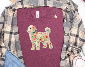 Camiseta Sheepadoodle, Estampa Floral com Silhueta de Sheepadoodle, Presente Boho para Amantes de Pets, Arte Doodle Divertida, Presente para Mãe de Cachorro, Arte Floral para Pets