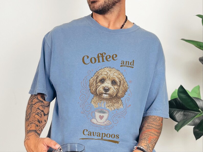 Comfort Colors Cavapoo Mom Shirt, Coffee And Cavapoos Tee, Dog Owner Gift, Pet Parent Present, Block Print Style Apparel, Cavapoo Owner Gift image 4