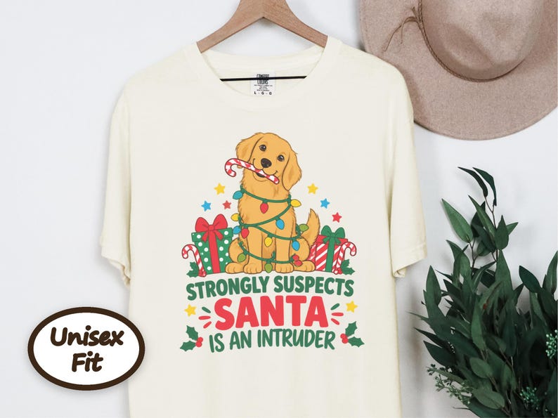 Christmas Dog Shirt, Golden Retriever Christmas Gift, Funny Christmas Dog Tee, Santa Is An Intruder Shirt, Holiday Dog Lover Gift image 5