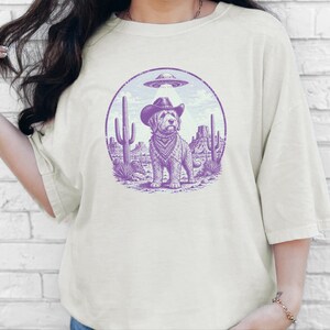 Comfort Colors Cowboy Retro Labradoodle Sweatshirt | Vintage Goldendoodle UFO Crewneck | Southwestern Extraterrestrial Abduction Space image 4
