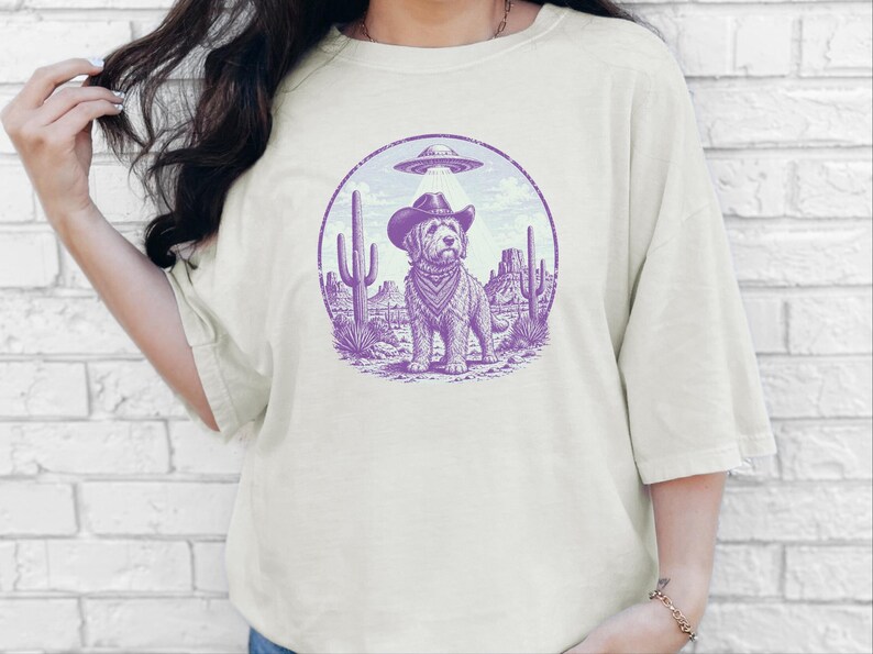 Comfort Colors Cowboy Retro Labradoodle Sweatshirt | Vintage Goldendoodle UFO Crewneck | Southwestern Extraterrestrial Abduction Space image 4