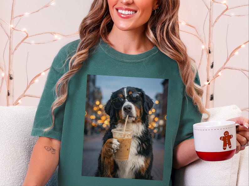 Comfort Colors Bernese Mountain Dog Iced Coffee Shirt, Cool Dog Drinking Coffee Tee, Berner Mom Dad Gifts, Summer Vacation Dog Lover Graphic image 5