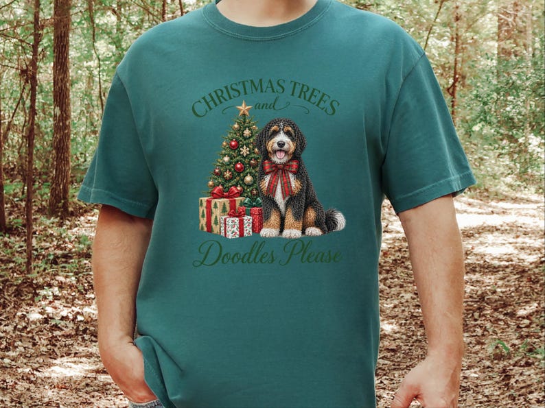 Bernedoodle Christmas Shirt, Christmas Trees And Doodles Please, Bernedoodle Mom Gift, Holiday Dog Lover Tee, Dog Owner Present image 4