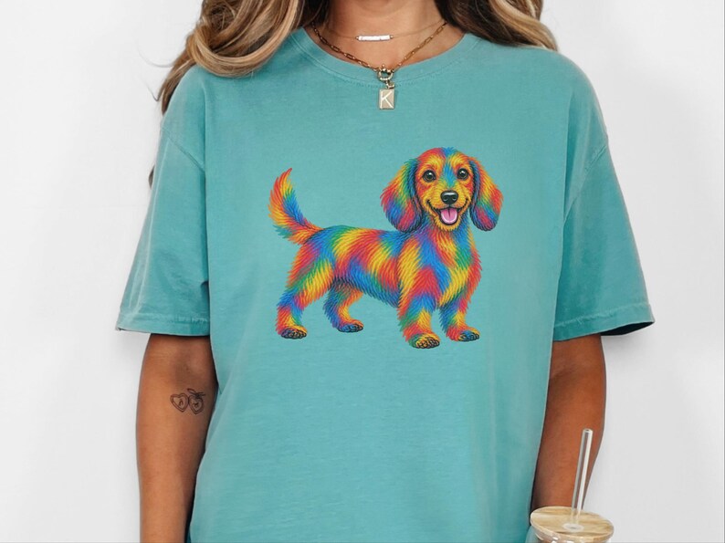Dachshund Shirt, Rainbow Dog Gift, Colorful Wiener Dog Tee, Doxie Lover Graphic, Sausage Dog Art Shirt, Puppy Owner Present image 5