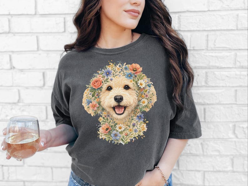 Comfort Colors Golden Labradoodle Shirt, Labradoodle Floral Face Design, Goldendoodle Mom Watercolor Pet Art, Cottagecore Print image 4