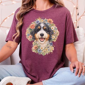 Bernedoodle Tee, Floral Crown Dog Portrait, Custom Pet Art Shirt, Doodle Mama Shirt, Whimsical Animal Print, Pastel Spring Summer Dog Lovers image 7